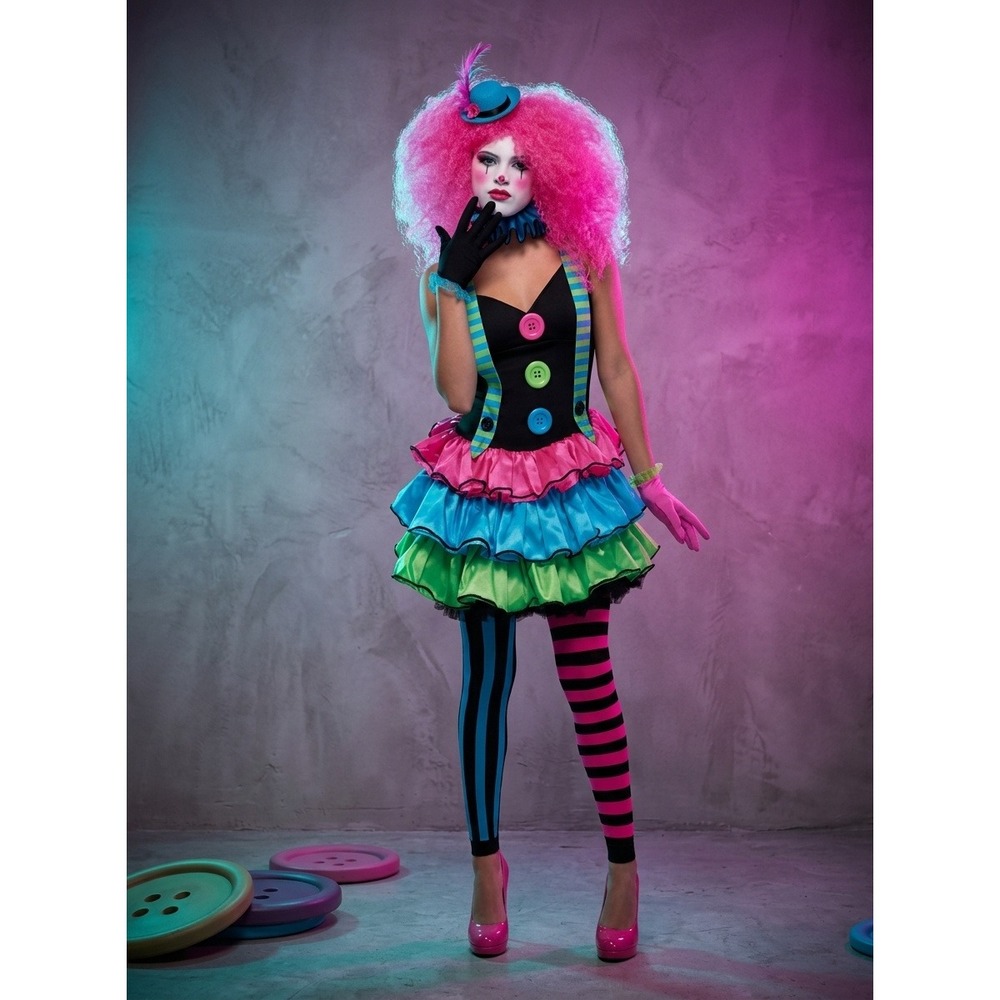 Kool Klown Costume Women Junior Large 6 Piece Set Dress Hat Tights Gloves L